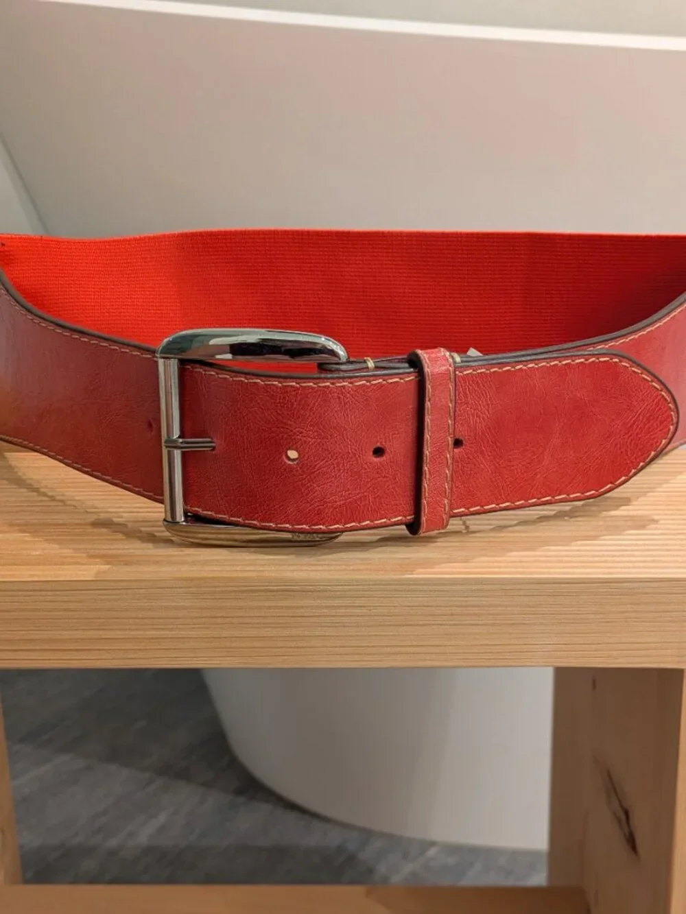 Vibrant red textured leather belt w/ polished silver buckle Medium.
